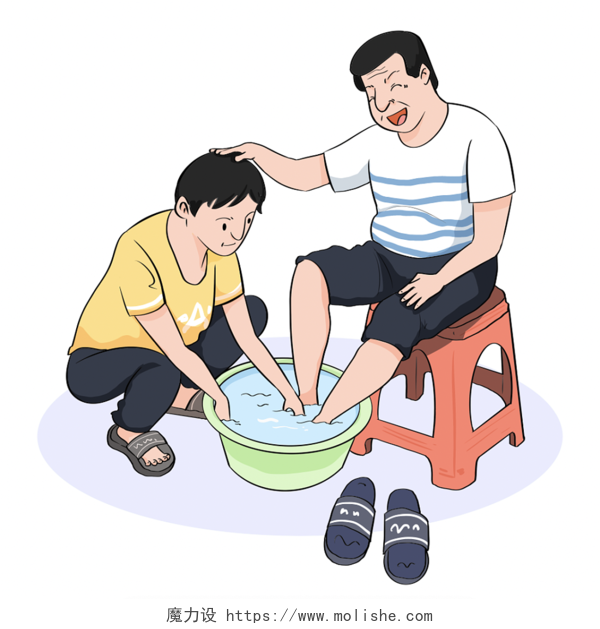 卡通儿子给爸爸洗脚传统美德孝顺长辈洗脚素材道德